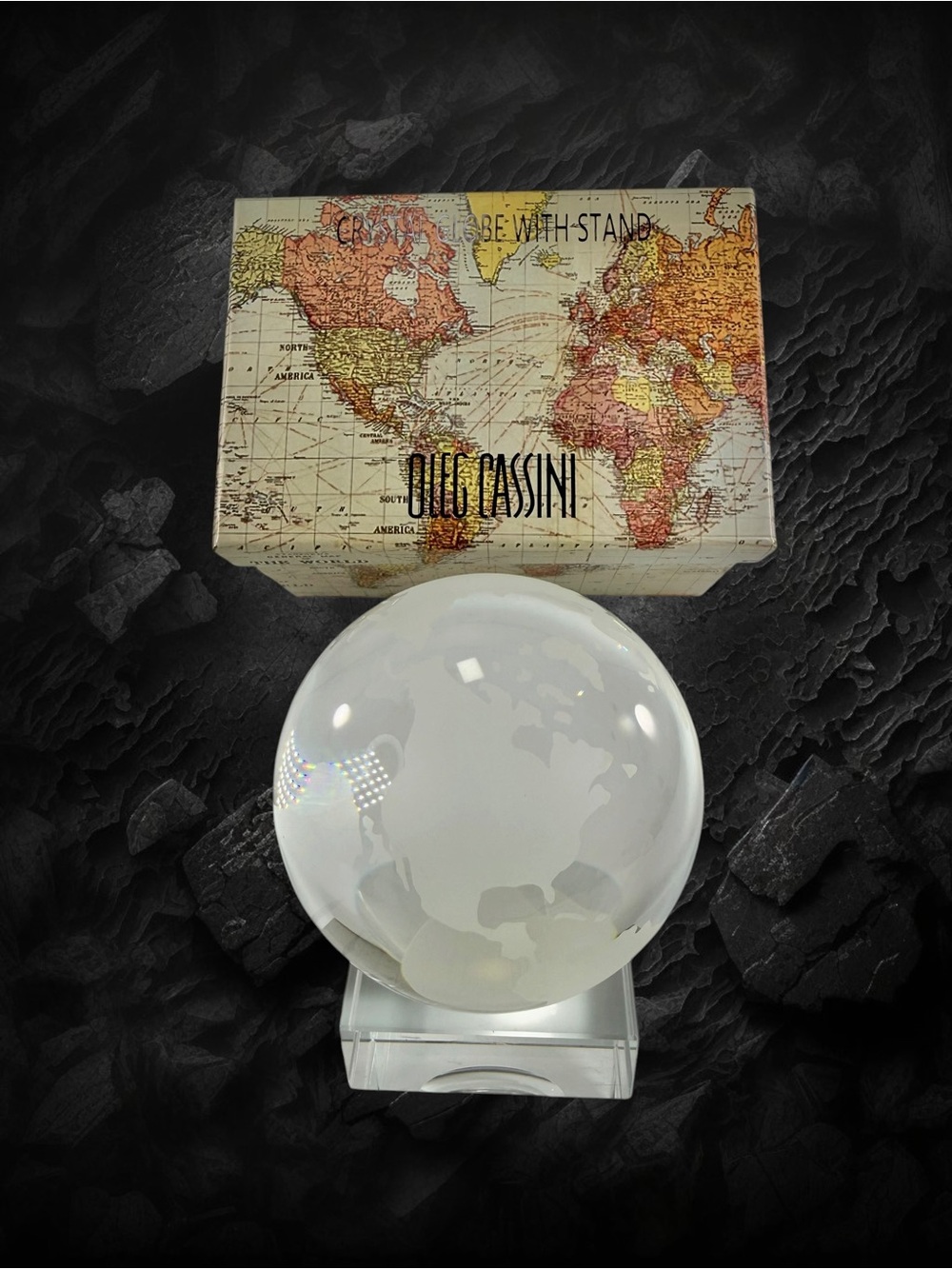 Oleg Cassini Crystal Round Globe Paperweight W Stand Sphere World Map Signed Box